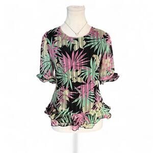 Dancing Queen Versalle 3/4 sleeve blouse beige tropical leaf print black Size 38